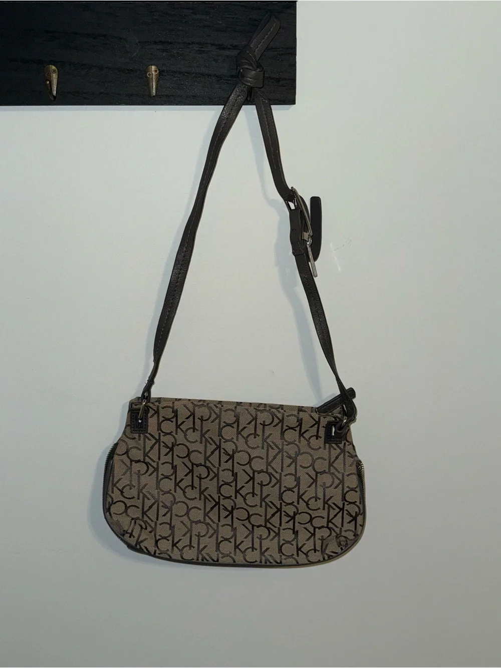 Calvin Klein Tan and Black Signature Monogram Crossbody Bag